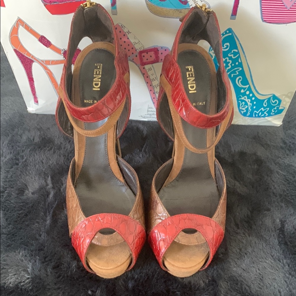 Fendi Red and Brown Open-Toe Heels